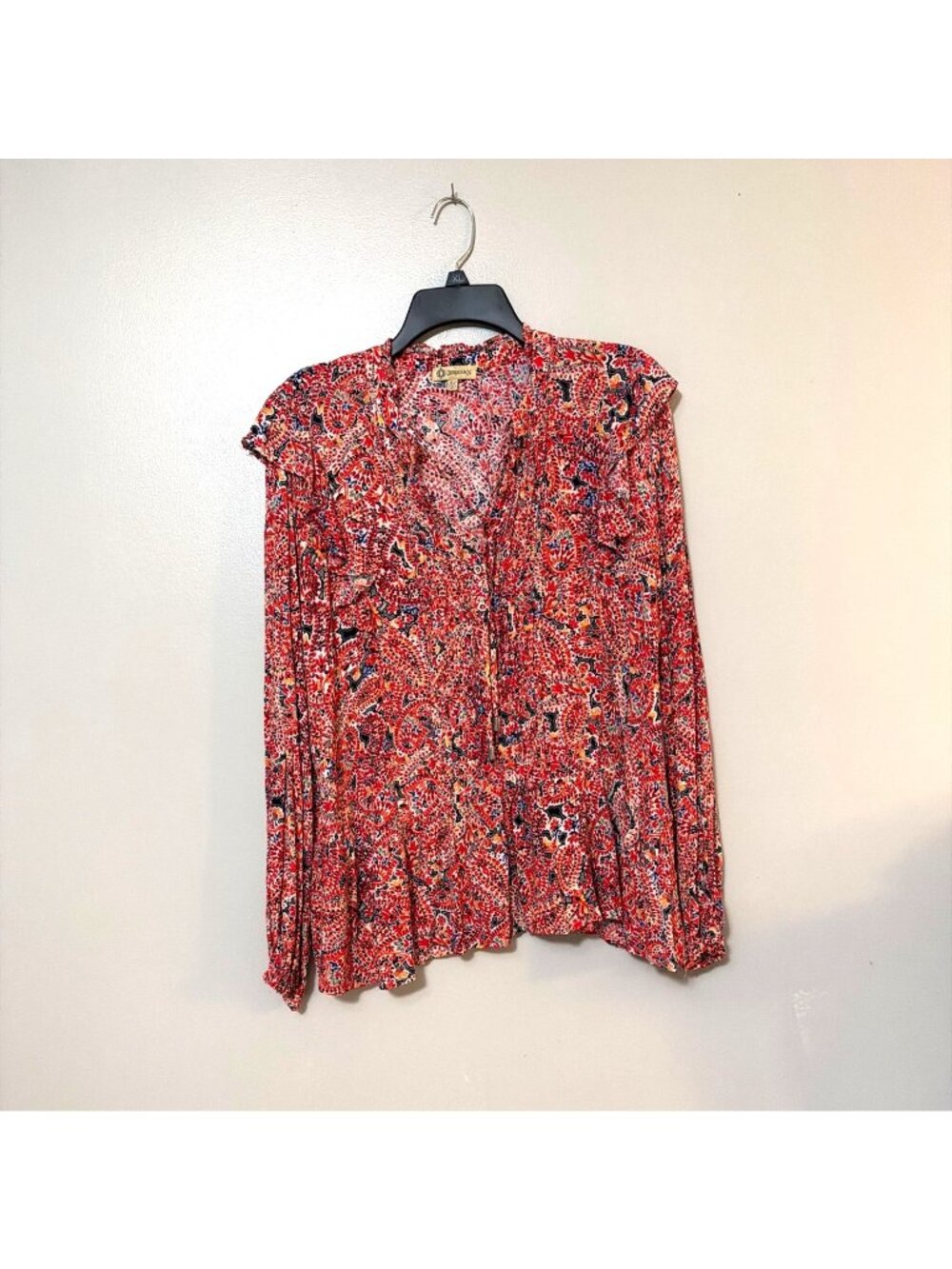 Democracy Womens Red & Black Paisley Print Long Sleeve Blouse XL 100% Rayon